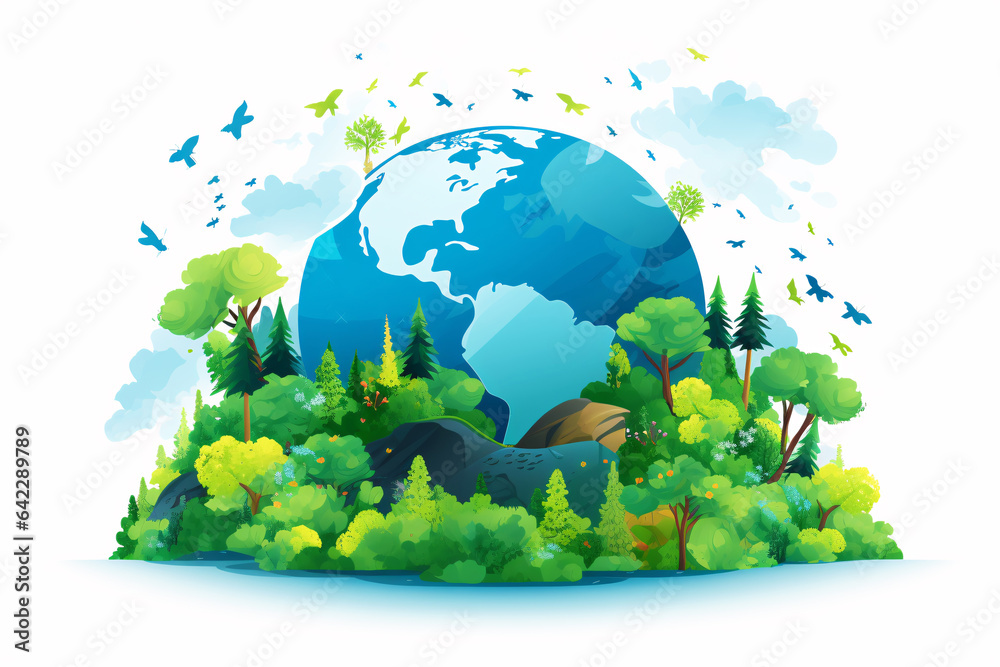 Ecology background with green trees and blue planet. World environment and earth day concept. Generative ai