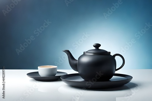 black teapot and cup on the table on blue background.
