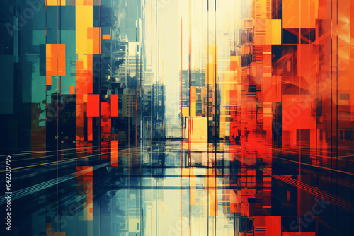Abstract urban background. Cityscape, skyscraper scene in red and green with reflection. Generative ai