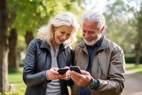 happiness adult mature old age retired couple hand using smartphone application checking route map location while riding exercise bicycle morning garden park freshness healthy concept
