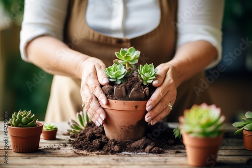 closeup old senior retired woman hand plant tree pot growing flower potting botany hobby leisure home gardening weekend activity lifestyle