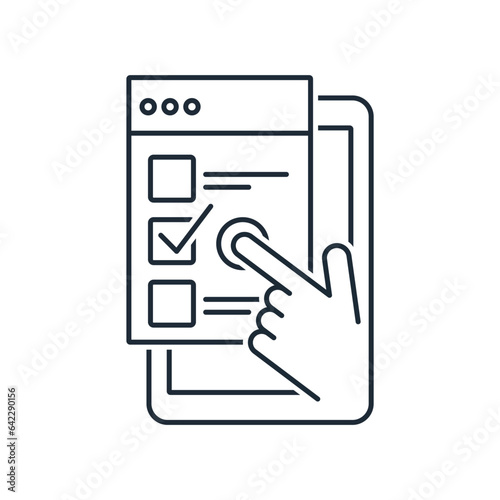 Online survey, checklist. Hand holds smartphone and touch screen finger. Feedback business concept. Vector flat linear illustration isolated on white background.