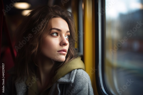 clamful caucasian female woman traveller sit relax look out window transportation with train vehicle vacation casual journey lifestyle