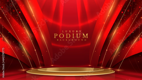 Empty podium golden on red background with light neon effects with bokeh decorations. Luxury scene design concept. Vector illustrations.