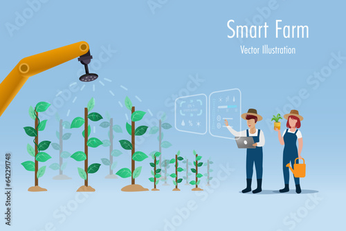 Smart farm, agriculture technology. Farmer use digital tablet control artificial intelligence robotic arm to provide nutrients and harvest crop field. Vector.