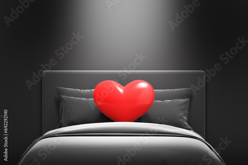 Red heart on black bed in dark bedroom Spotlights shine down on the bed and heart from above. Concepts is death, end, broken heart, evil, sin, heartlessness and divorce. Copy space. 3D illustration. photo