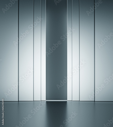 Alcove or entrance hall in front of the elevator door. Stage podium stand stainless steel and metal glay blue scene. Advertising display space products fashion cosmetics and perfume. 3D illustration. photo