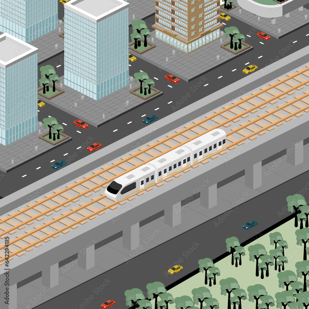 Isometric sky train on rail pass through the city Isometric sky train on rail pass through the city