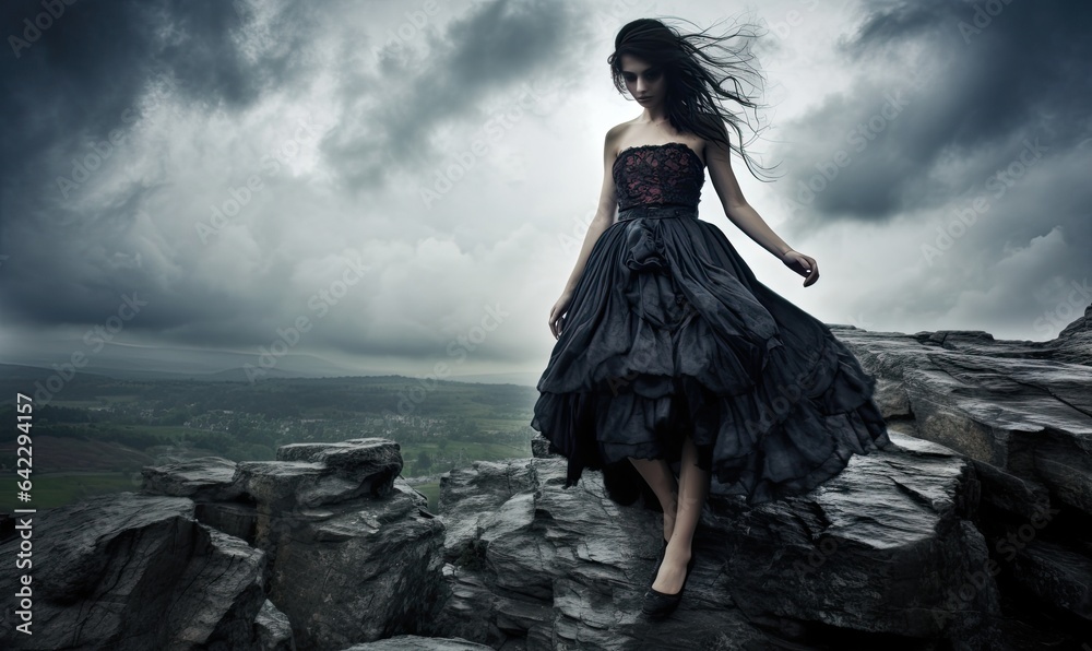 A woman in a black dress standing on rocks A woman in a black dress standing on rocks