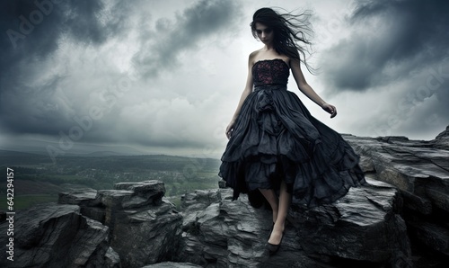 A woman in a black dress standing on rocks