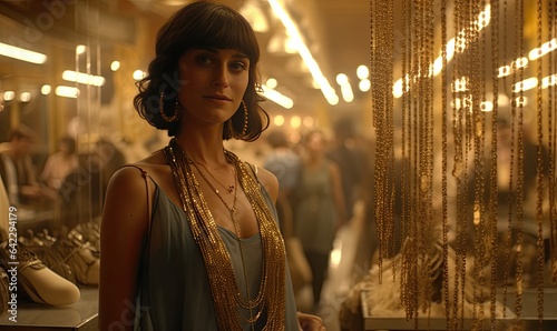 A woman admiring a stunning collection of jewelry in a display