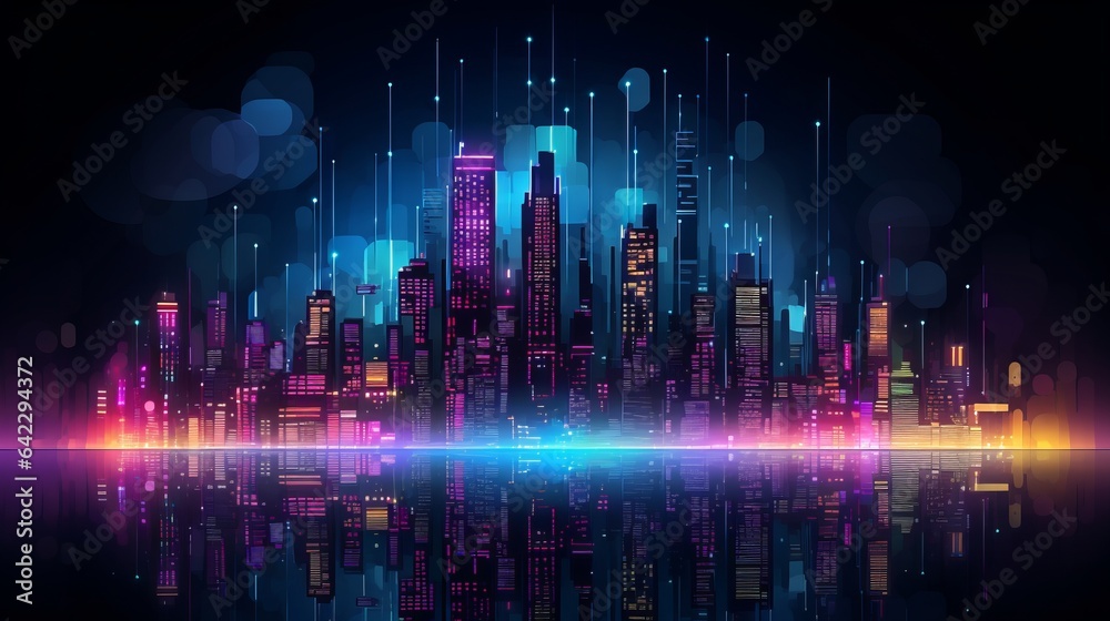 Intricate skyscrapers represent tech achievements, lit by neon lights in a futuristic cityscape
