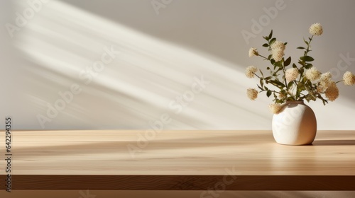 An elegant scene with a minimalist wooden table bathed in gentle sunlight, showcasing the intricate wood grain against a white wall backdrop.