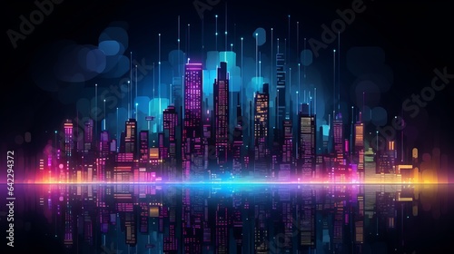 Intricate skyscrapers represent tech achievements, lit by neon lights in a futuristic cityscape