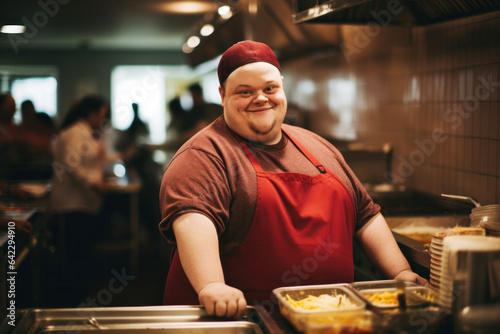 Guy with down syndrome working in restaurant kitchen
