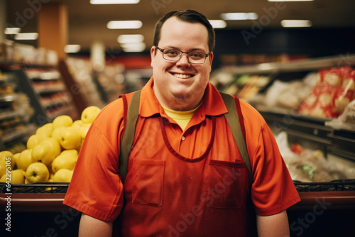 Man with down syndrome working in a grocery store or supermarket photo