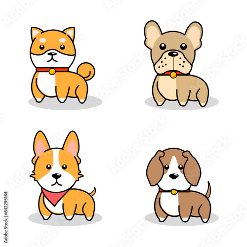 Shiba Inu, French Bulldog, Pembroke Welsh Corgi and Beagle stand in cartoon style.