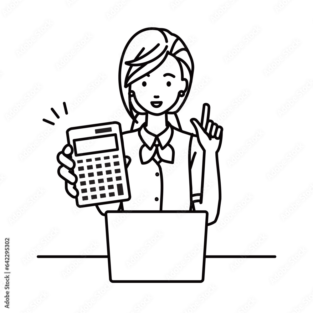 a woman in clerical uniform recommending, proposing, showing estimates and pointing a calculator with a smile in front of laptop pc a woman in clerical uniform recommending, proposing, showing estimates and pointing a calculator with a smile in front of laptop pc