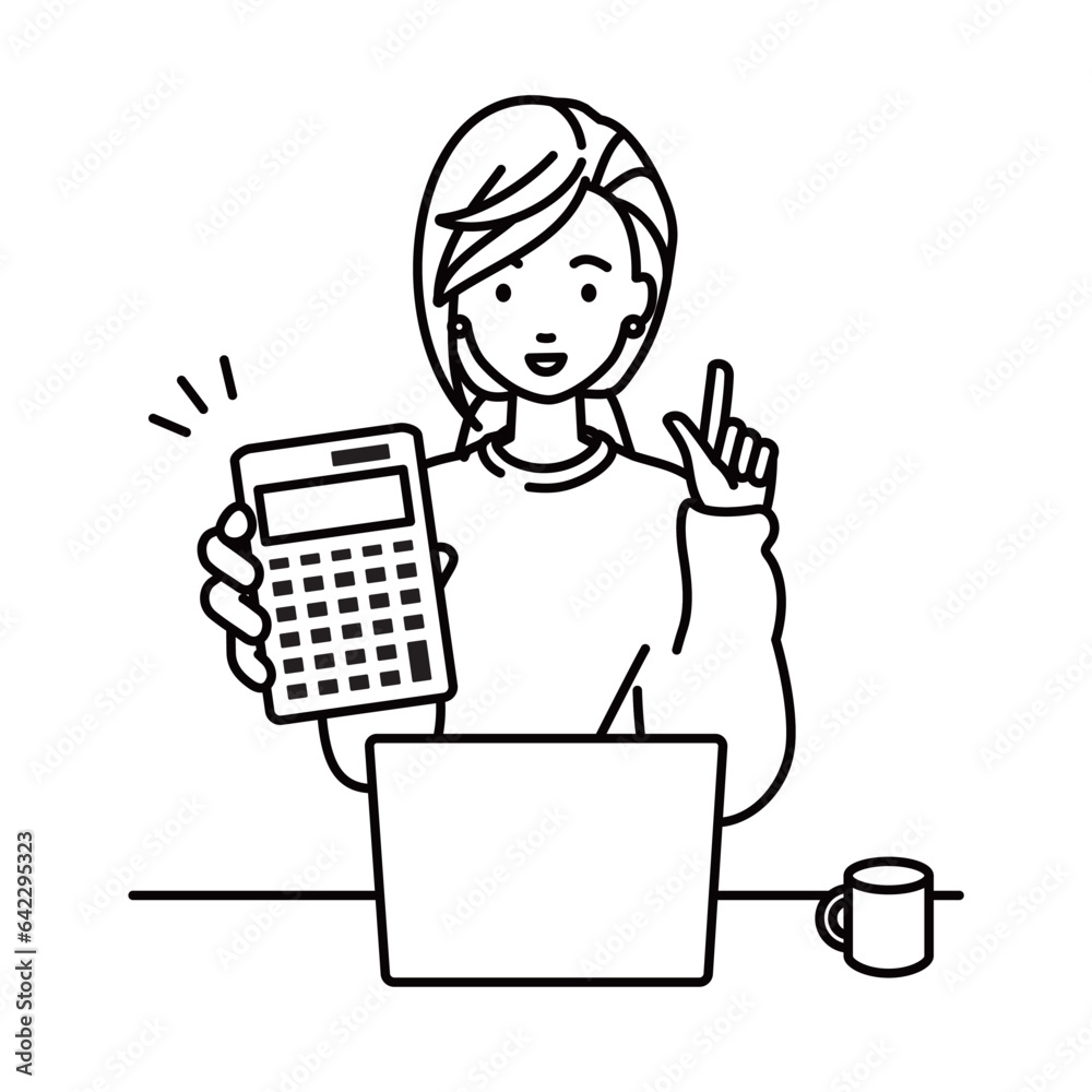 a woman in casual style recommending, proposing, showing and pointing a calculator with a smile in front of laptop pc a woman in casual style recommending, proposing, showing and pointing a calculator with a smile in front of laptop pc