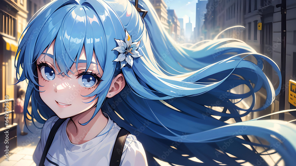 Fototapeta premium Anime style blue haired city girl