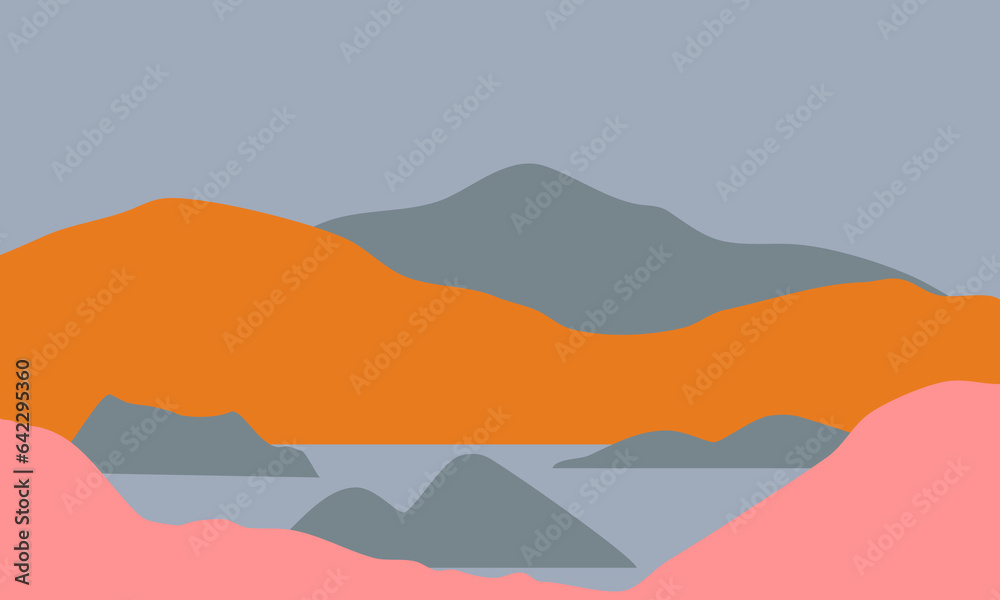 The abstract minimalist backgrounds. Hand-drawn illustrations with mountain and lake scene for wall decoration, postcard or brochure, cover design, stories, social media, app design