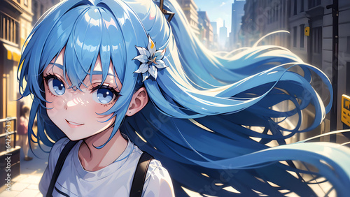 Anime style blue haired city girl