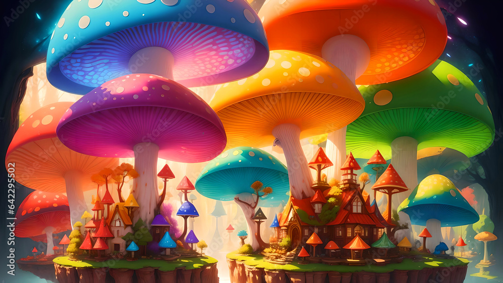 Brightly colored mushrooms in a fantasy world