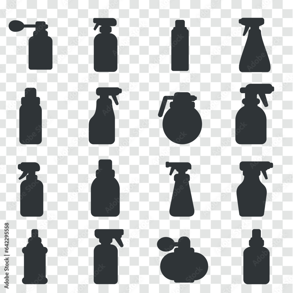 Black Silhouette of cosmetic bottles tubes jars head isolated on transparent grid backgrounds 