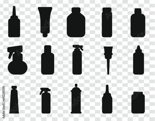 Black Silhouette of cosmetic bottles tubes jars head isolated on transparent grid backgrounds 