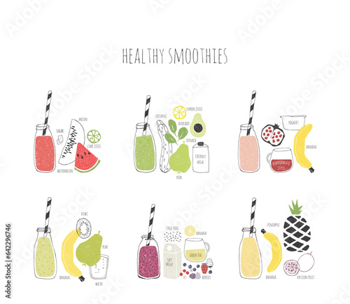  Collectionof hand drawn healthy smoothie recipes. Doodle vegetables, fruits and berries. 