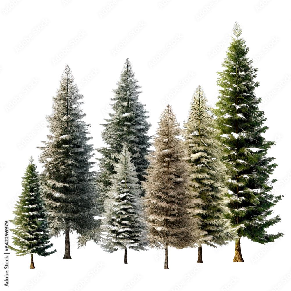 Obraz premium Many Christmas Trees Have a Few Snowflakes. Isolated On a Transparent Background.