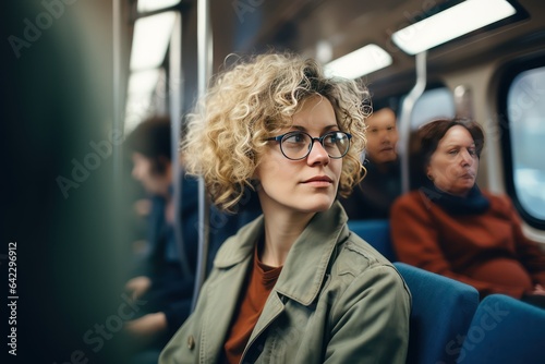 Handsome young Caucasian woman in eyeglasses taking a tram to work. Passengers commuting in bus. Public bus ride. Morning trip by city bus. She smiling and looking by side.