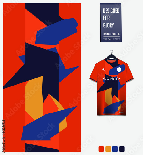 Soccer jersey pattern design. Geometric pattern on orange background for soccer kit, football kit, sports uniform. T shirt mockup template. Fabric pattern. Abstract background. 