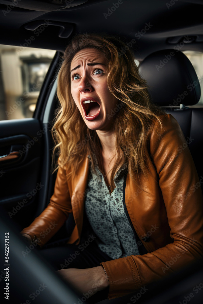 Exhausted funny woman is driving a car. Generative AI Exhausted funny woman is driving a car. Generative AI