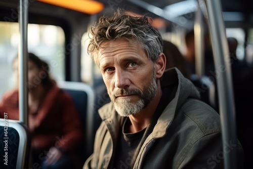 Tired Caucasian man taking a tram to home after work. Passengers commuting in bus. Public bus ride. Evening trip by city bus.