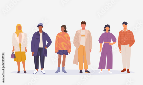 characters in trendy clothes. street outfits people. set of handsome and cute characters trendsetters, male and female people well dressed casual stylish. vector cartoon characters set.