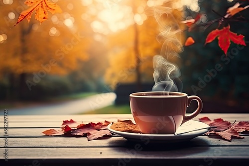 Morning brew. Embracing autumn aroma. Coffee cup on sunlit wooden table. Steamy mug amidst fall beauty on blur background