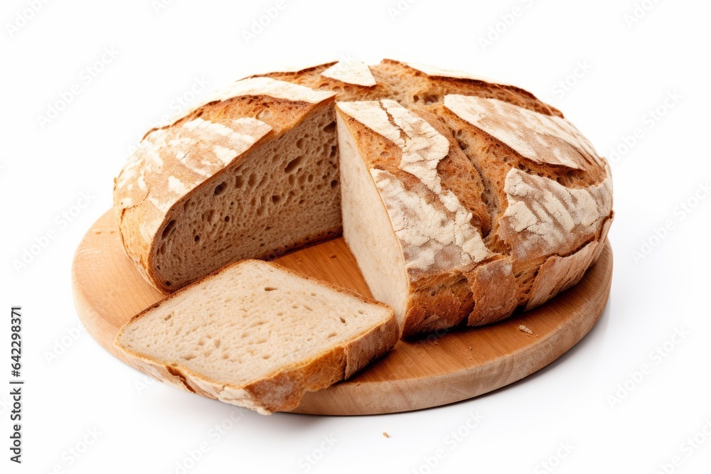 Sliced round rye bread on cutting board isolated on white background. Generative AI image Sliced round rye bread on cutting board isolated on white background. Generative AI image