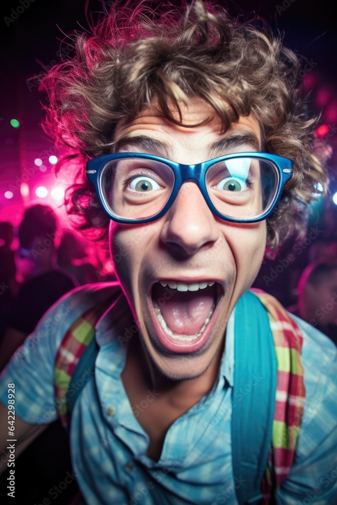 Funny looking Nerd student at a DISCO night party. Generative AI Funny looking Nerd student at a DISCO night party. Generative AI