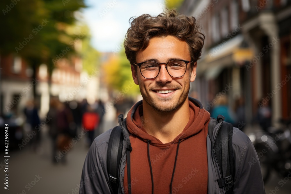 Happy and Stylish: Satisfied Man Wearing Trendy Glasses Outdoors Happy and Stylish: Satisfied Man Wearing Trendy Glasses Outdoors