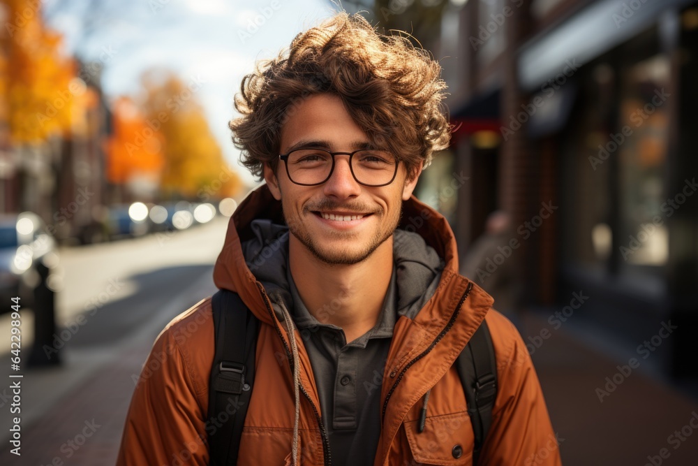 Happy and Stylish: Satisfied Man Wearing Trendy Glasses Outdoors Happy and Stylish: Satisfied Man Wearing Trendy Glasses Outdoors