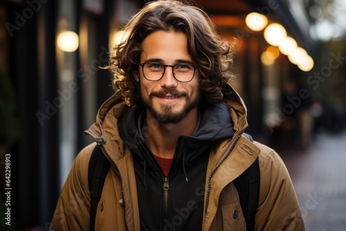 Happy and Stylish: Satisfied Man Wearing Trendy Glasses Outdoors