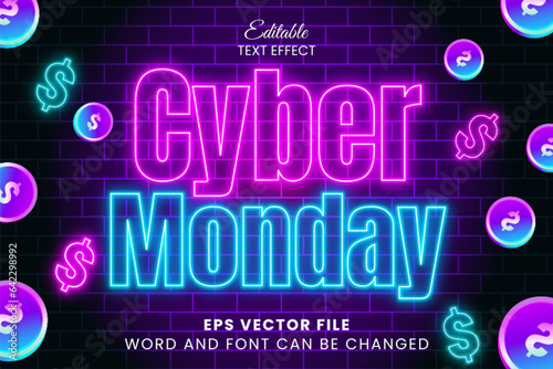 Cyber monday colorful neon glow vector text effect