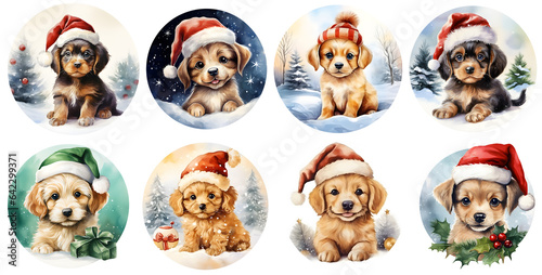 Set of Cute Christmas Dogs with christmas hat on transparent background, generated ai