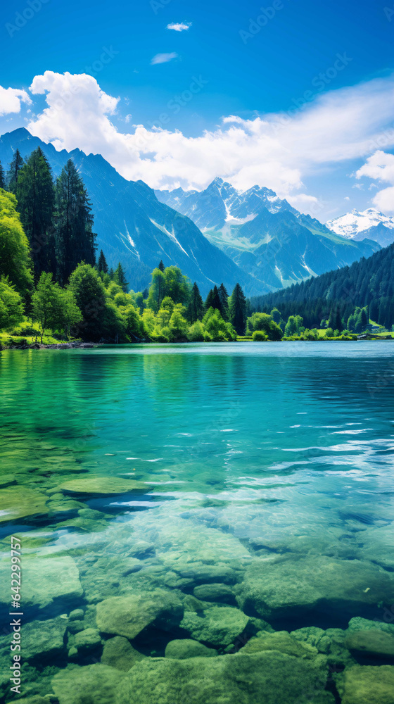 A serene and tranquil scene of a beautiful natural landscape, featuring a calm lake surrounded by lush greenery and majestic mountains in the background.