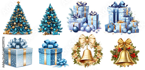 Sticker, Clipart set of blue christmas tree, golden bell and gift box on transparent background, generated ai