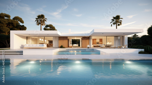 Exterior of modern minimalist white villa with swimming pool © Aliha