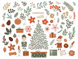 Set of Christmas and floral clipart elements. Cute hand drawn vector scandinavian style illustraton, warm Christmas objects, christmas tree, presents, elfs, floral elements