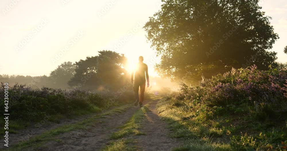 Man walks through a scenic morning landscape 