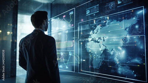 Artificial Intelligence, a man looking for ai Big screen, bigdata, generative ai